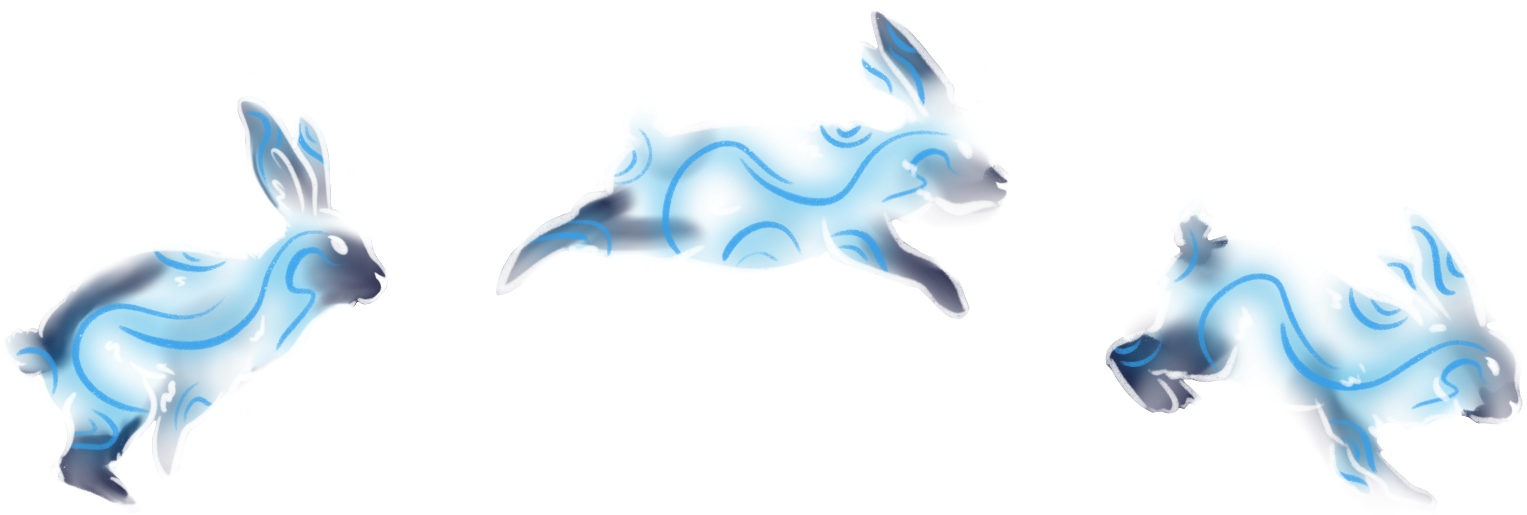 Three blue rabbits with coats of a swirling design jump in an arc.