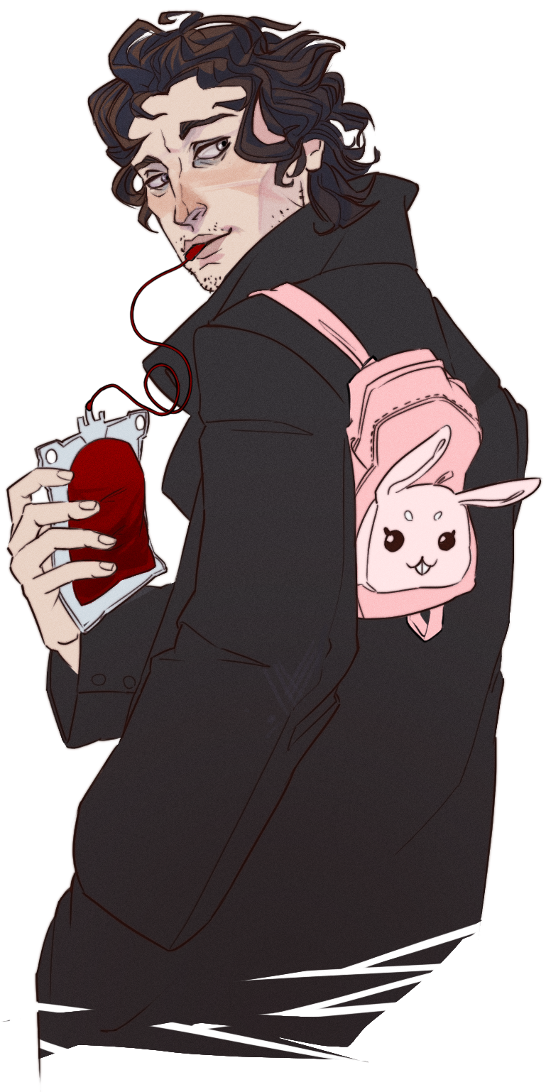 A vampire named Netovicius wears a pink backpack with bunny ears. He drinks from a plastic bag filled with blood as he looks over his left shoulder.